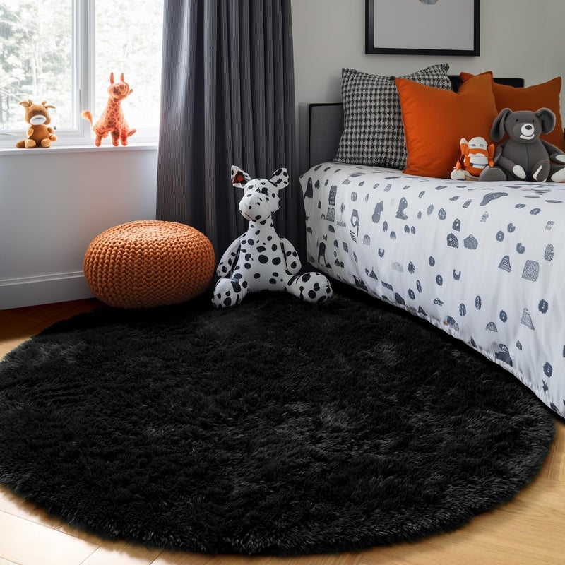 PAGISOFE Black Round Rugs 5Ft, Circle Rugs for Kids Bedroom, Shaggy Living Room Rugs, Indoor Teepee Furry Mat, Comfy Reading Rug, Fluffy Round Carpets for Womens Girls Boys Room Decor Aesthetic - Image 3
